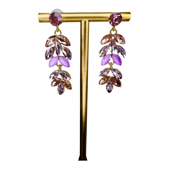 Tiered Droplet Rhinestone Earrings in Pink and Gold - STUNNING! - Picture 2 of 4